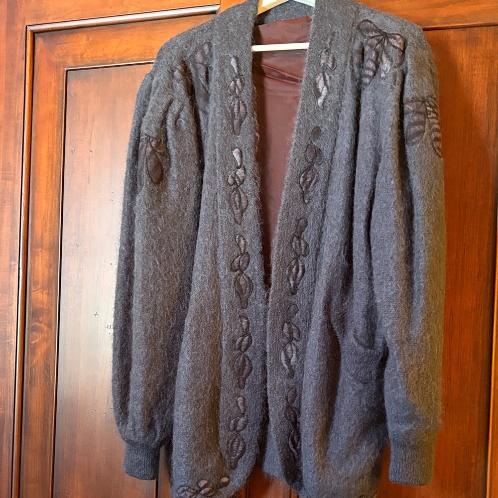 Vintage Blue/Gray Knit Cardigan with Leaf Pattern.